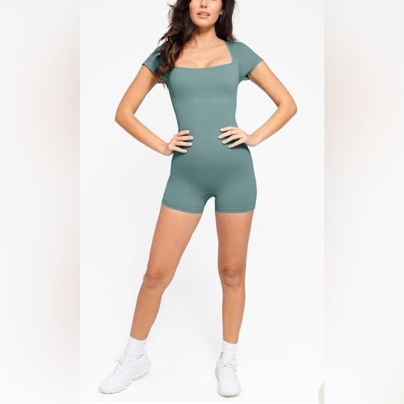 Pants - POPILUSH Shapewear Seamless Rib Square Neck Cap Sleeve Romper